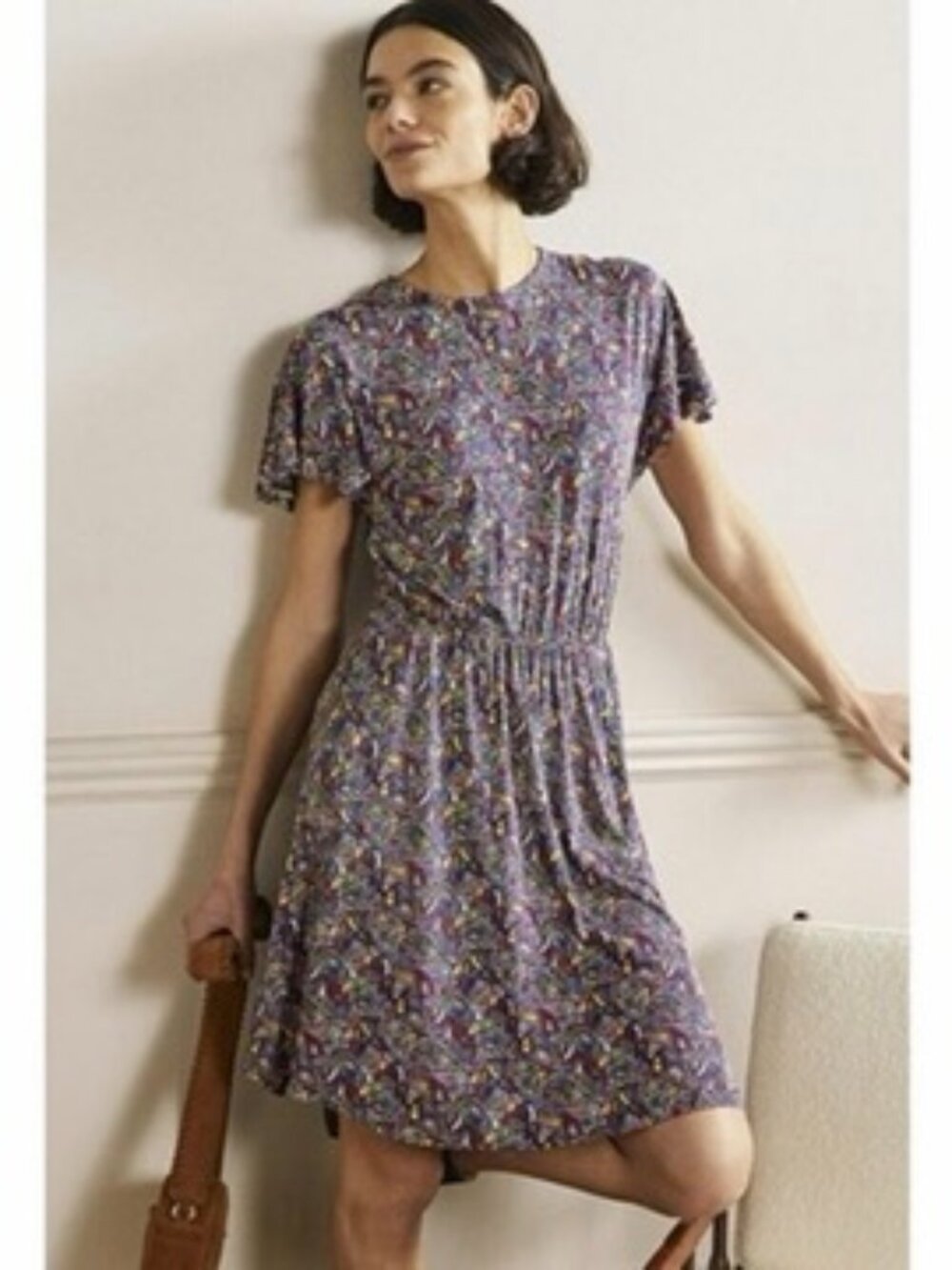 Boden flutter sleeve printed jersey dress in multi-colored ditsy floral